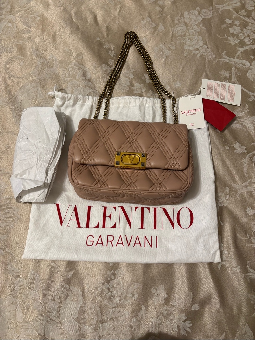 Valentino Garavani Dusty Rose Quilted Leather Shoulder Bag with Gold Hardware